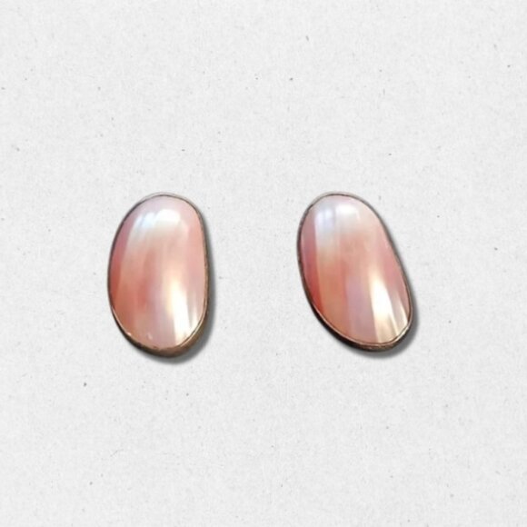 Vintage Signed Loey Pierced Earrings Sterling Silver Cabochon Stones Pink W OS - Picture 2 of 4